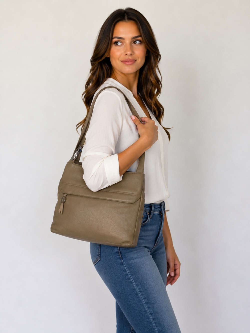 Aurielle Women's Beige Leather Shoulder Bag Handbag Tote with Silver Accents
